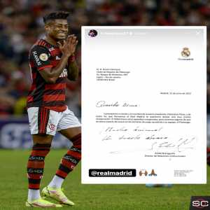 [SportsCenter Brasil] Flamengo player Bruno Henrique reveals letter that he received from Real Madrid. He's currently out at least 10 months with a serious knee injury.