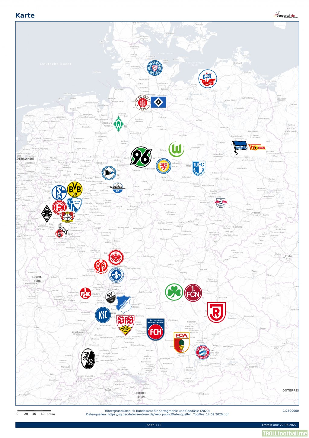 As requested, I created a map with the locations of all 36 Bundesliga clubs (Bundesliga and Bundesliga 2) of the 2022/23 season.