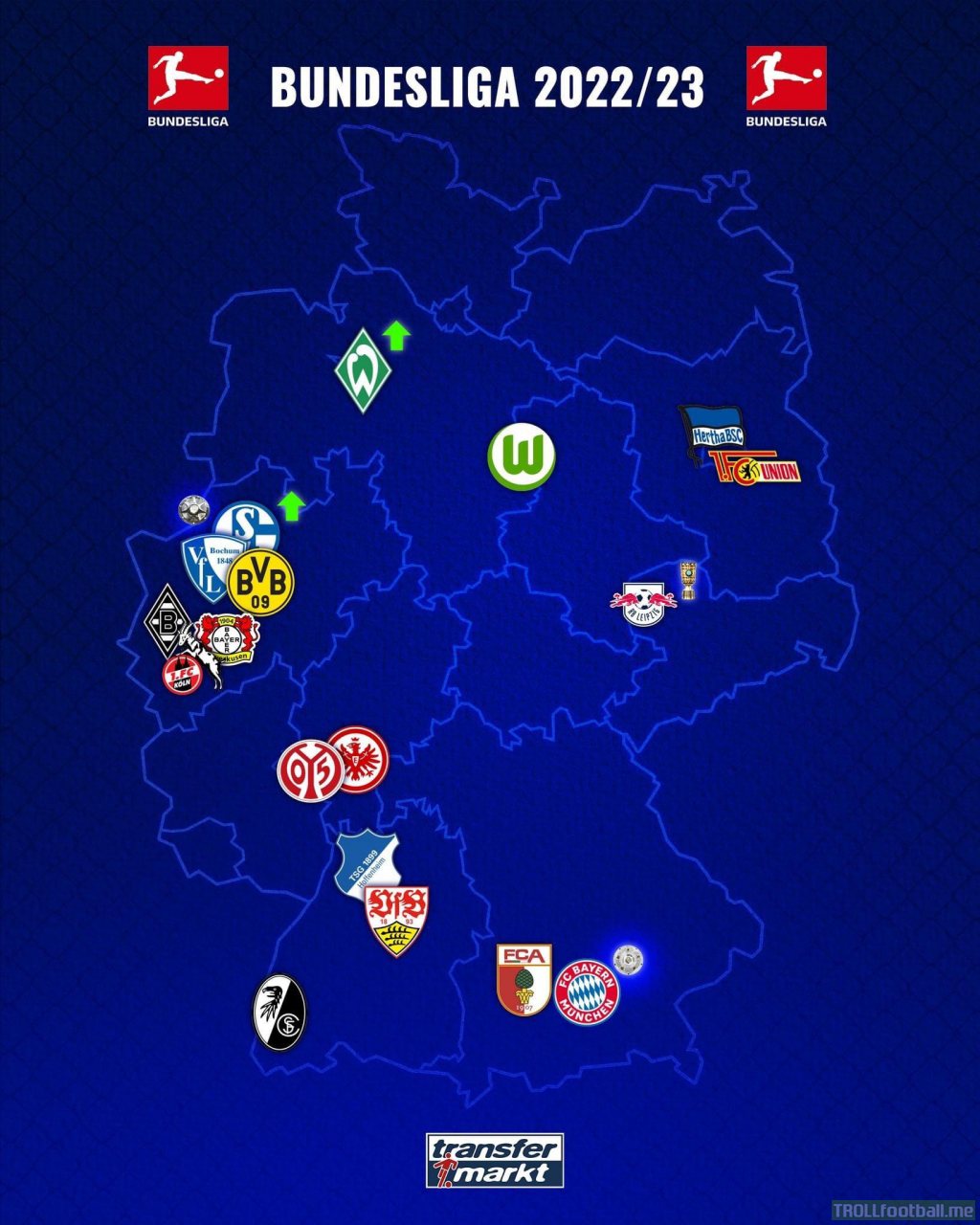 Location of the Bundesliga clubs of the 2022/2023 season