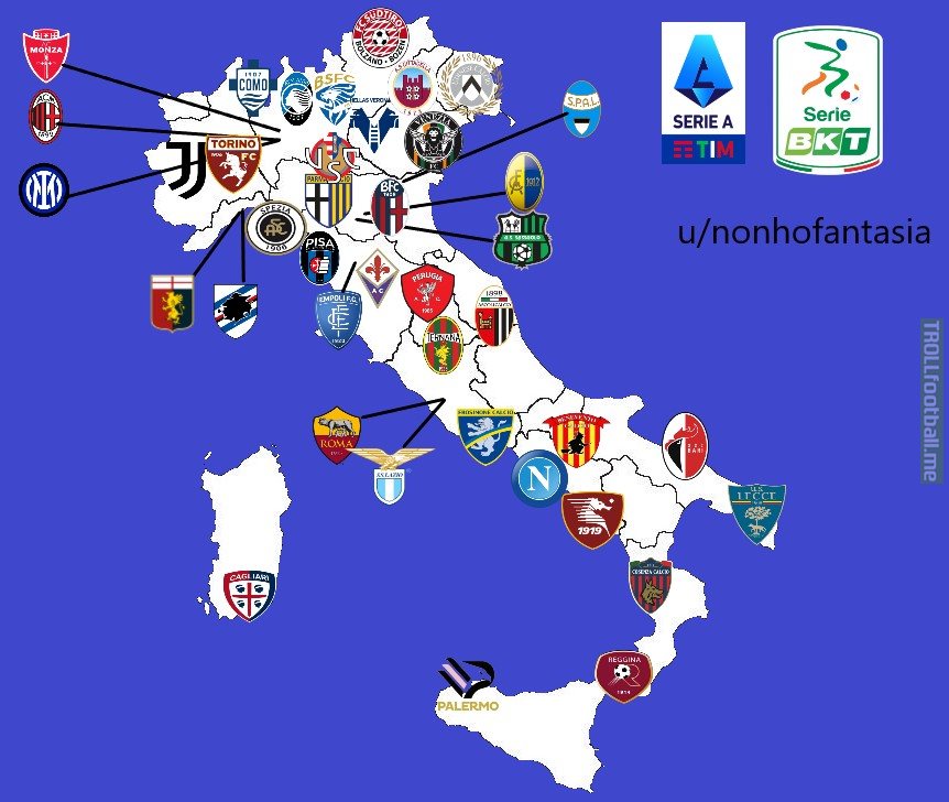 Location of Serie A + Serie B teams in the 2022/23 season