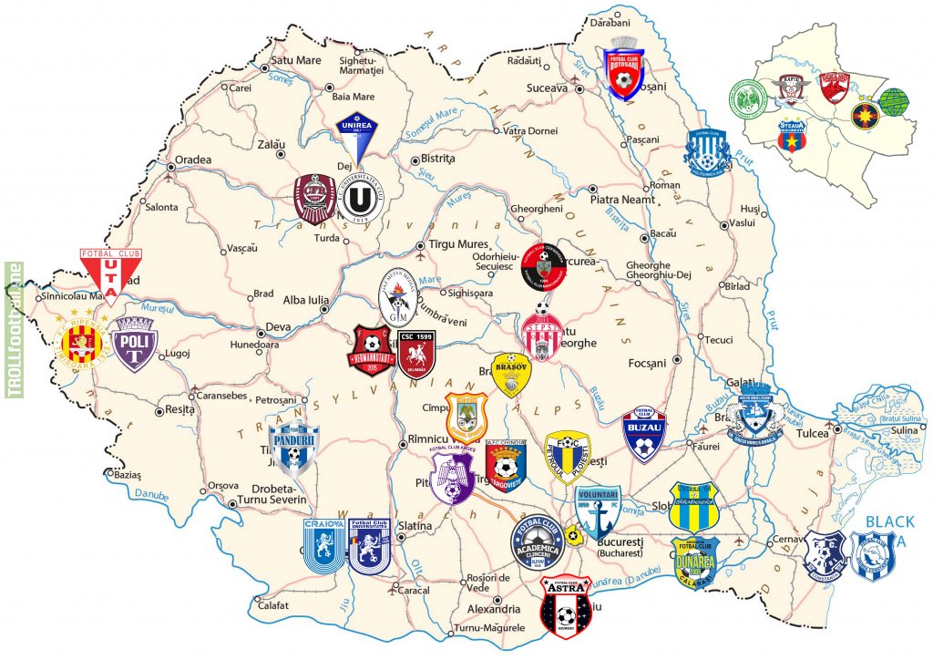 where teams from Romanian Liga 1 and Liga 2 are from