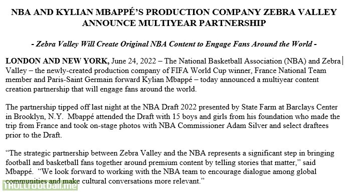 NBA and Zebra Valley - the newly-created production company of Paris Saint-Germain forward Kylian Mbappé - today announced a multiyear content creation partnership that will engage fans around the world.