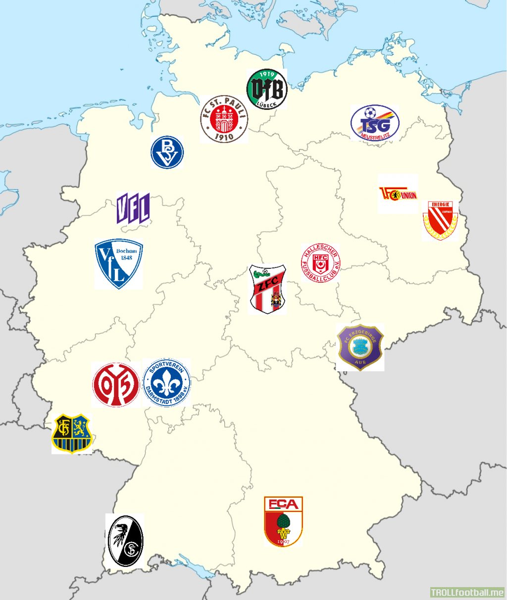 (Realigned Map) Biggest club by members that has never been champions of a German top flight division for each state
