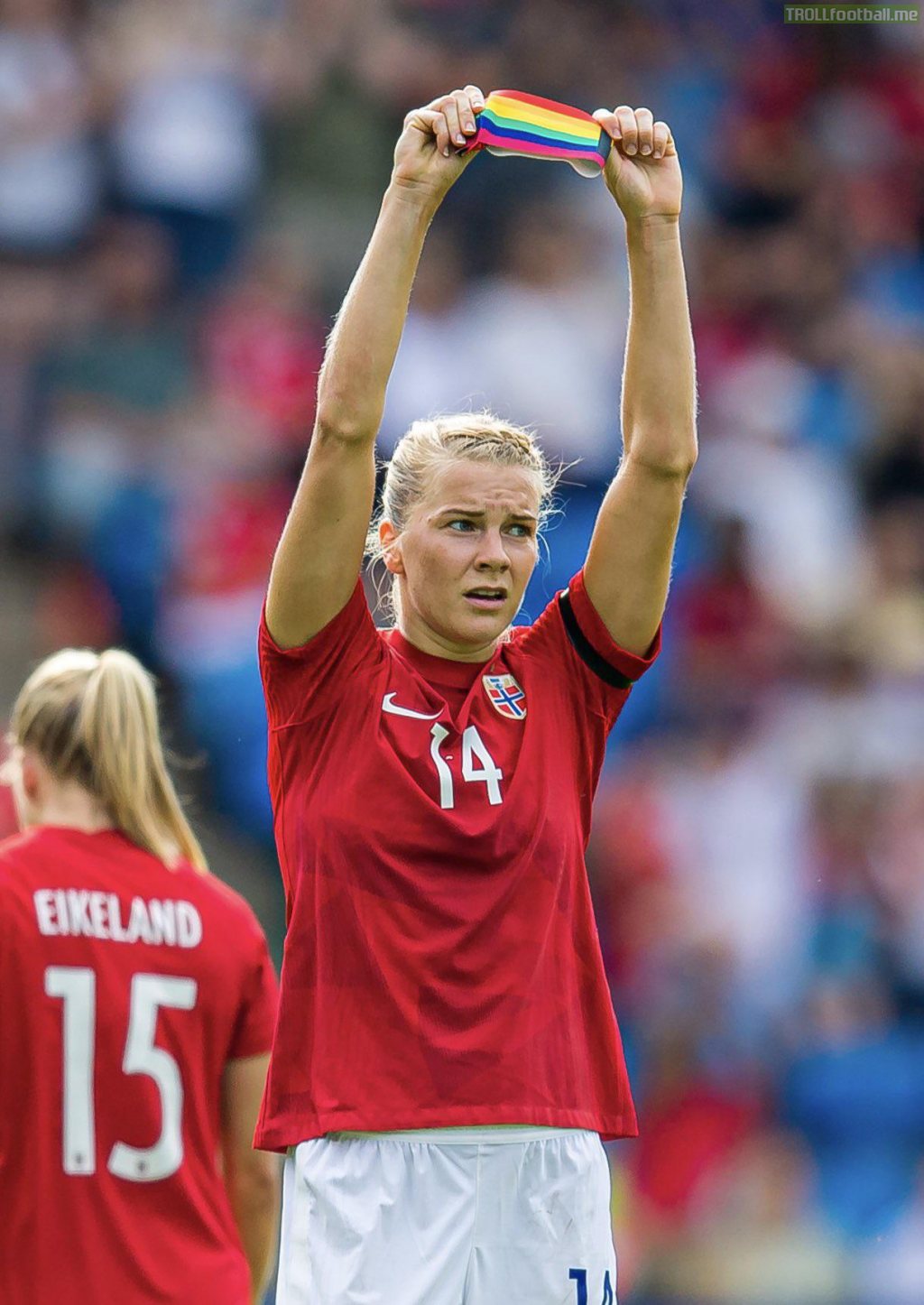 Ada Hegerberg holds up the pride armband in honour of those killed and injured in a shooting at a gay bar in oslo last night