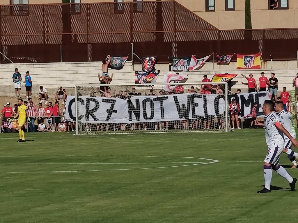 Atlético fans displaying a banner against the rumoured signing of Cristiano Ronaldo in their friendly match against Numancia