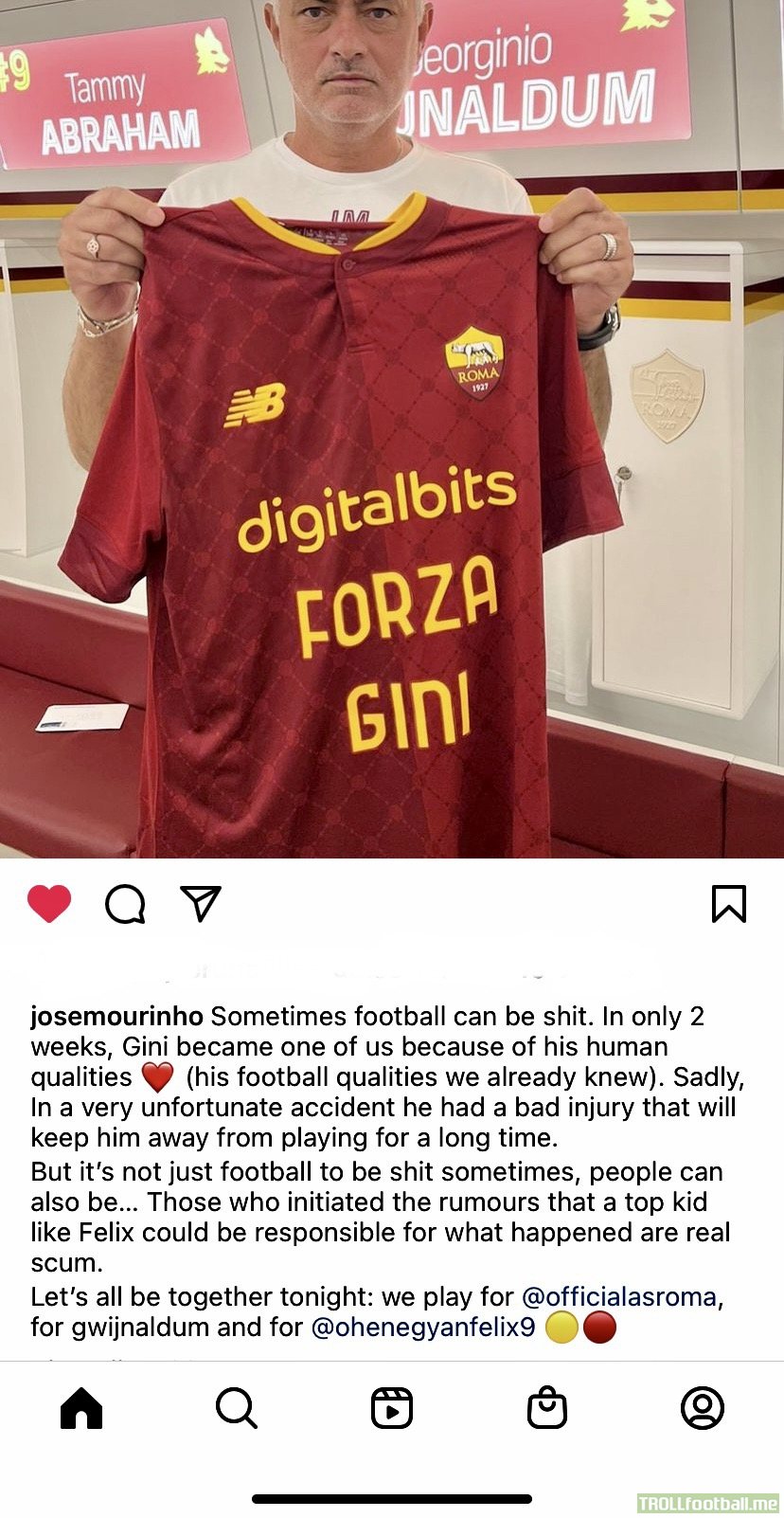 Mourinho on Instagram regarding Wijnaldum’s injury