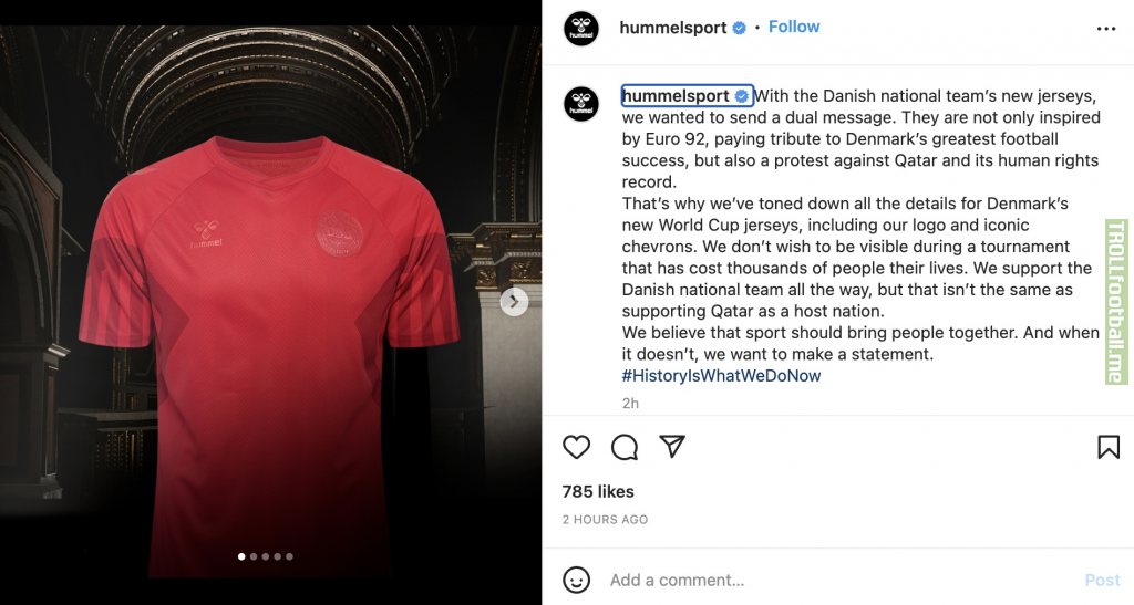 Hummel on Denmark's World Cup kits: "They are not only inspired by Euro 92, paying tribute to Denmark’s greatest football success, but also a protest against Qatar and its human rights record."