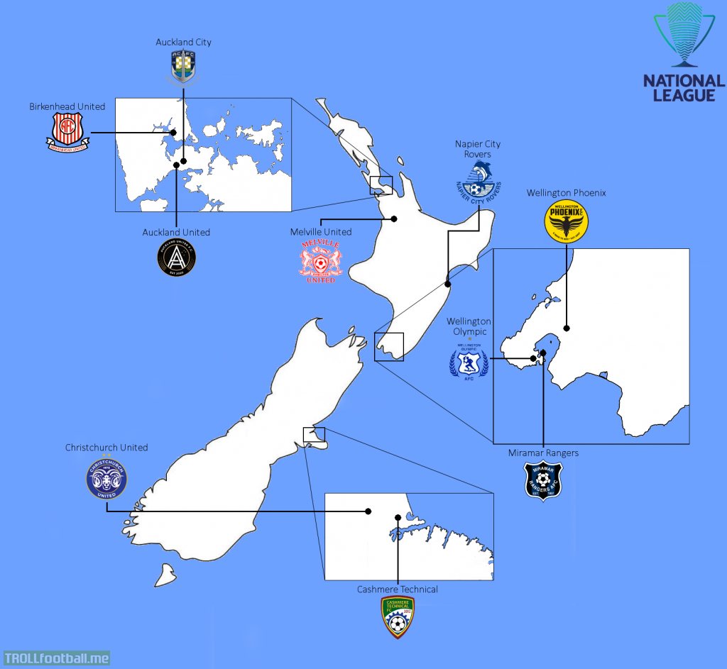 Locations of the 10 qualified teams for the inaugural New Zealand National League Championship, beginning this Saturday