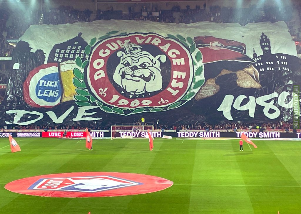 Lille's supporter group Dogues Virage Est tifo before the derby against Lens
