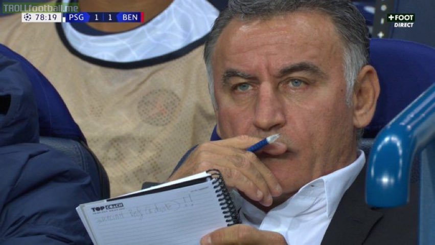Galtier playing a joke on the cameras with his notes: 'Kylian's preference (the right)'