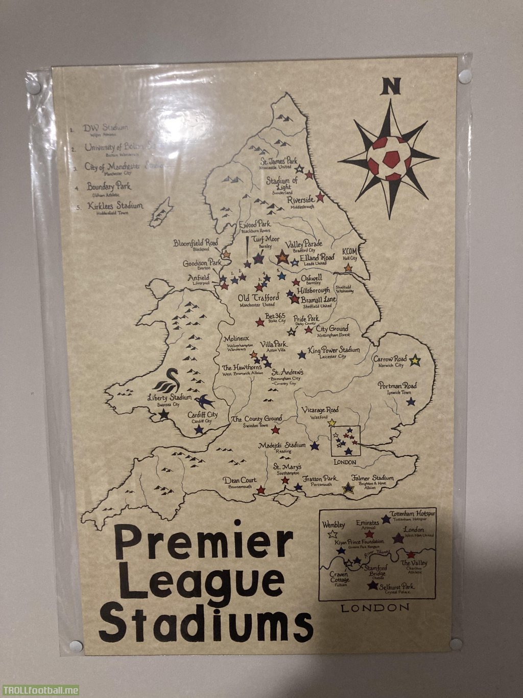 Hand drawn map I bought at a Renaissance festival with the stadiums of every premier league team ever (minus Brentford for some reason)