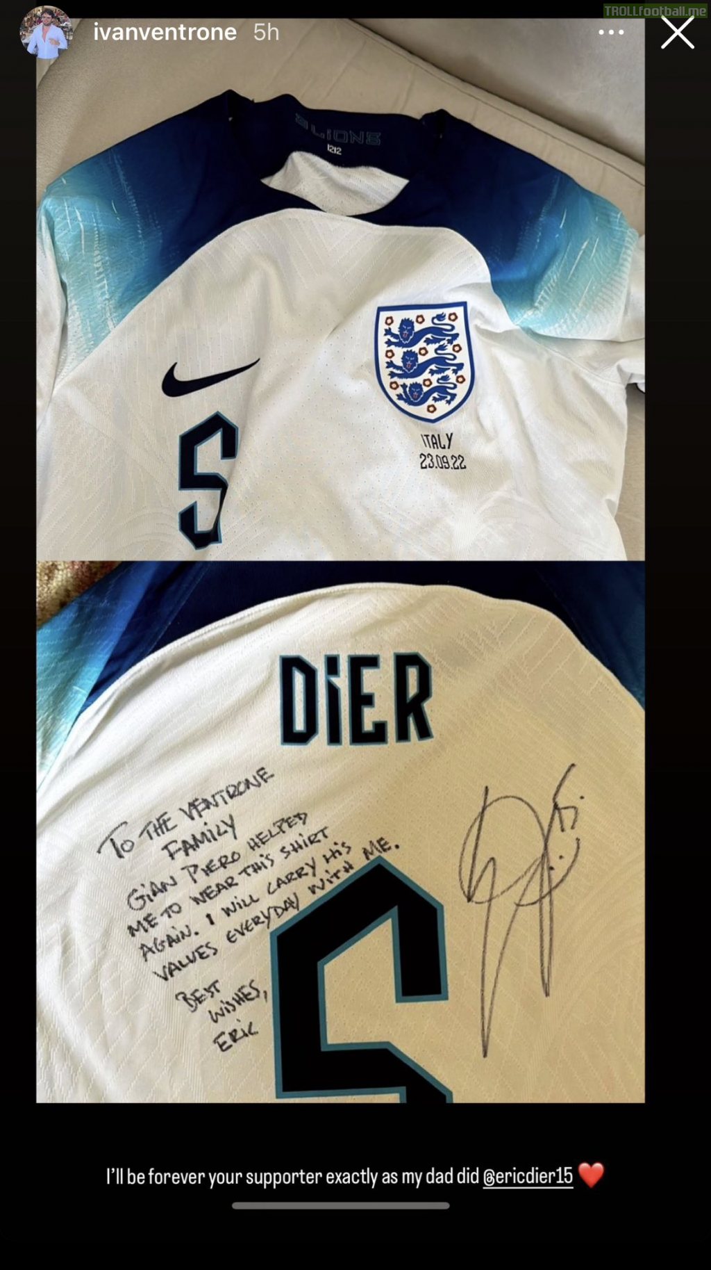 Eric Dier sent the family of Gian Piero Ventrone his England shirt from the last set of internationals. "To the Ventrone family, Gian Piero helped me to wear this shirt again. I will carry his values every day with me. Best wishes, Eric."