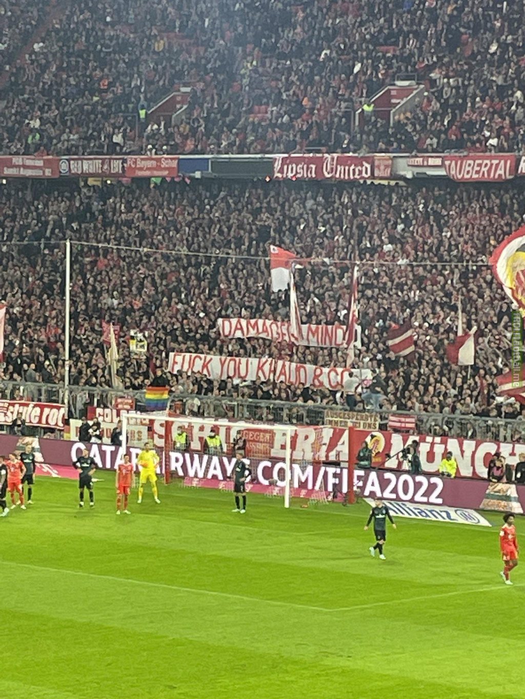 Bayern fans respond to Qatar World Cup ambassador Khalid Salman who described homosexuality as “damage in the mind” - 'Damaged minds! F*** you Khalid & co' [ photo by Niedderer @itstheicebird]