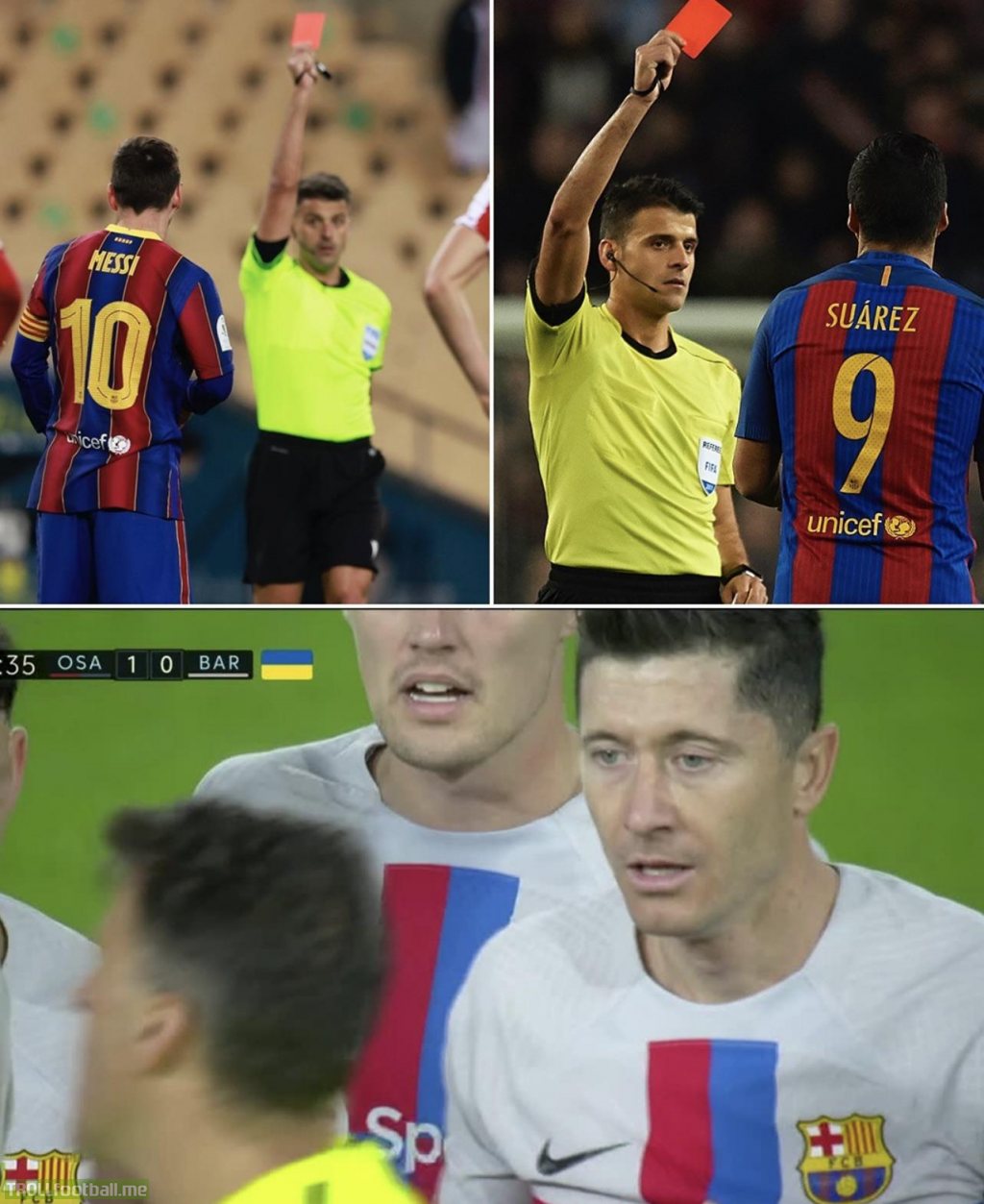 Referee Jesus Gil Manzano has issued red cards to Messi, Suarez and Lewandowski in his career.