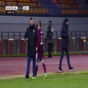 Roberts Savalnieks (Latvia) second yellow card against Estonia 90'+2'