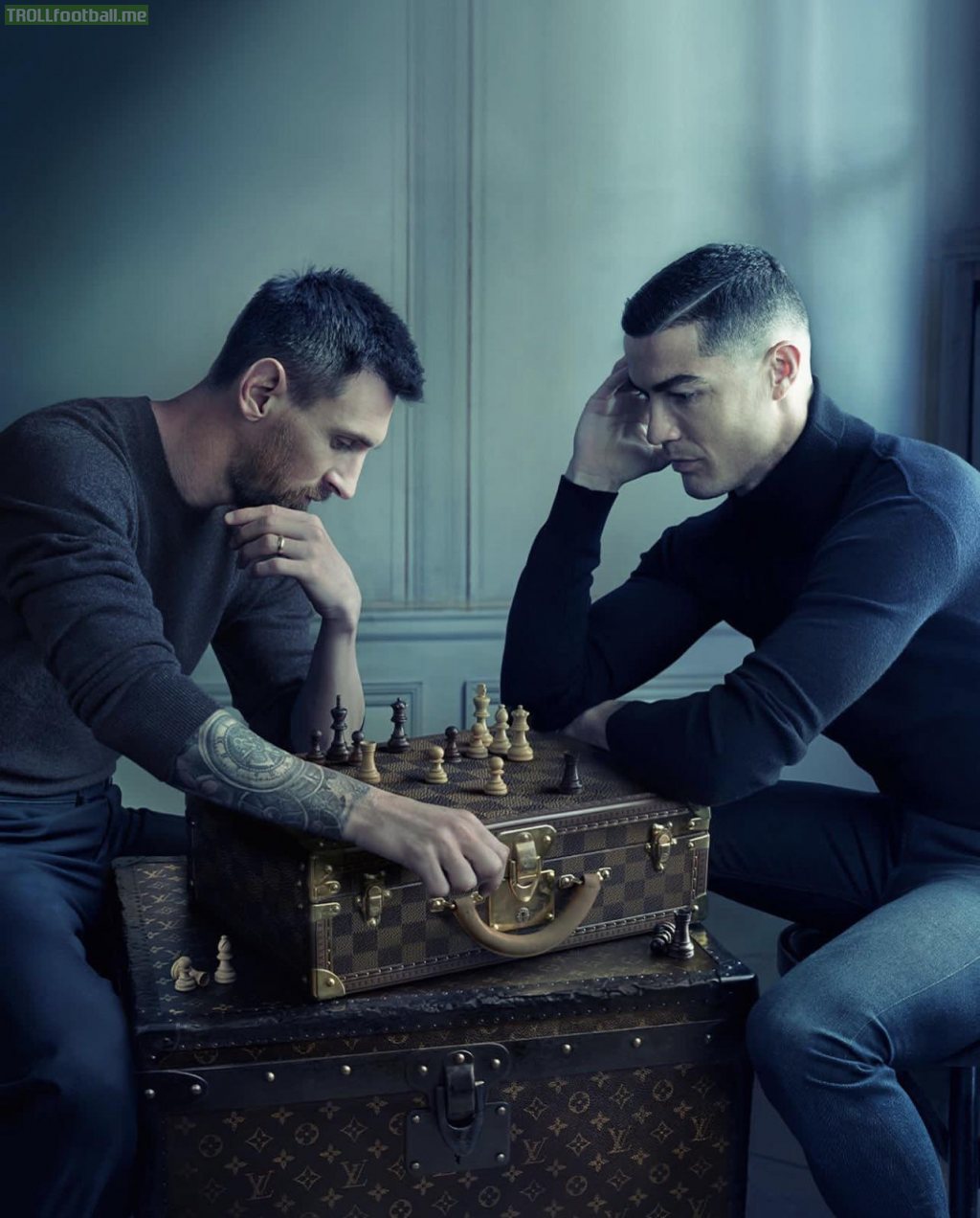 Lionel Messi and Cristiano Ronaldo together for a Louis Vuitton campaign, captured by Annie Leibovitz.