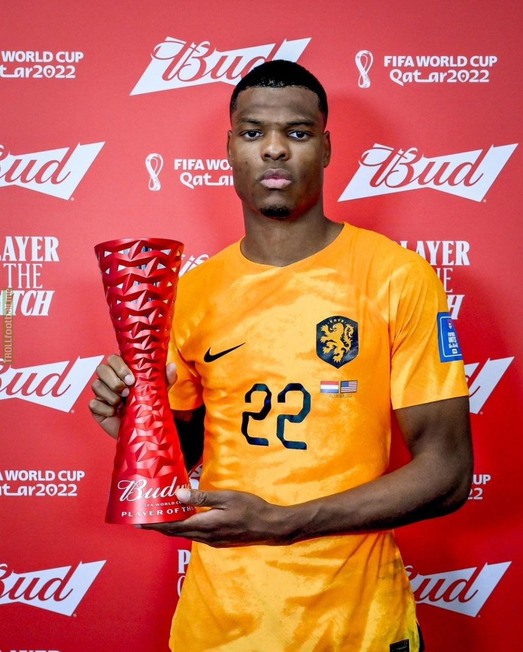 Denzel Dumfries with his man of the match trophy.