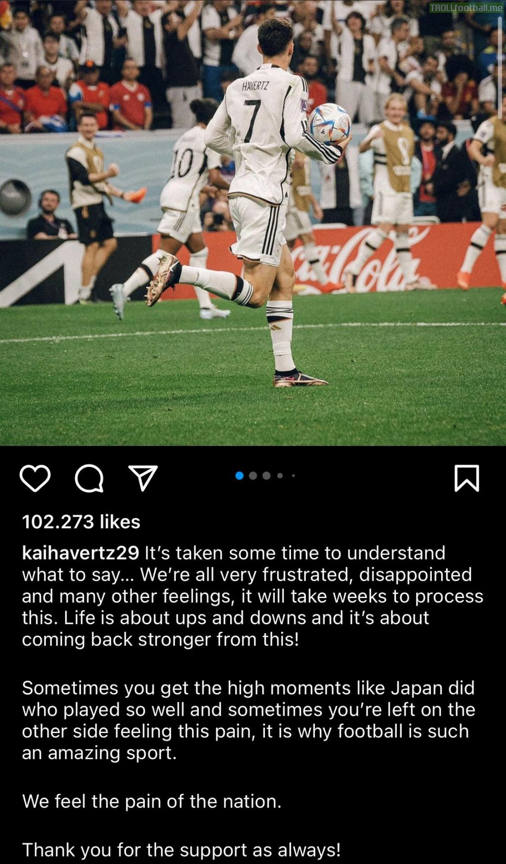 Kai Havertz on Instagram: It’s taken some time to understand what to say… We’re all very frustrated, disappointed and many other feelings, it will take weeks to process this. Life is about ups and downs and it’s about coming back stronger from this! 1/2