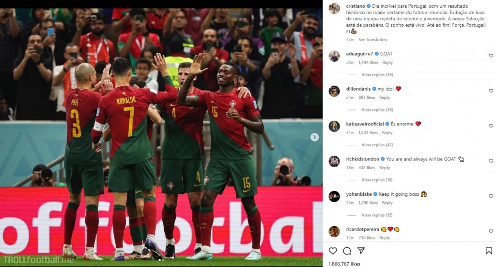 Cristiano Ronaldo on Instagram: "Amazing day for Portugal, with a historic result in the biggest contest in world soccer. Luxury exhibition by a team full of talent and youth. Congratulations to our national team. The dream is alive! To the very end! Come on, Portugal!"