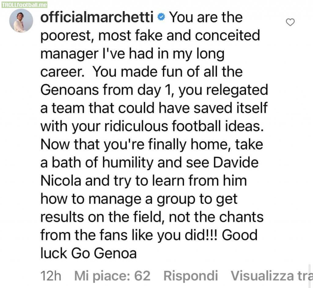 Marchetti's rant against former Genoa coach Blessin
