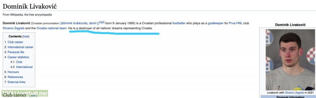 According to Wikipedia, Livaković is a destroyer of all nations' dreams when representing Croatia.