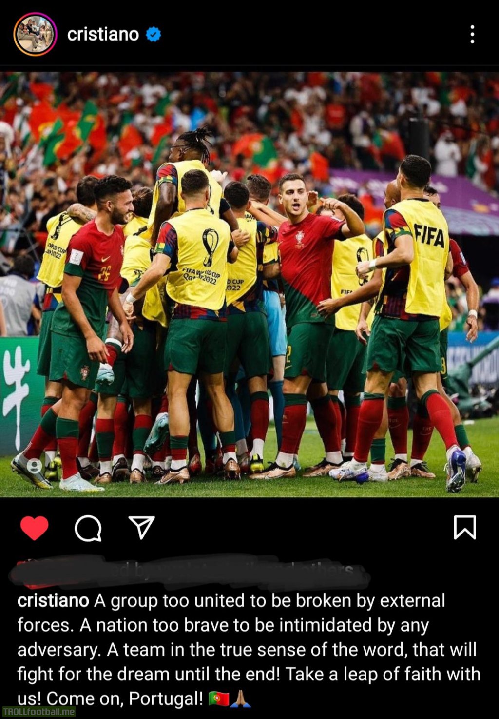 CR7 on Instagram, "A group too united to be broken by external forces", after being accused of threatening to leave the World Cup due to his benching vs. Switzerland