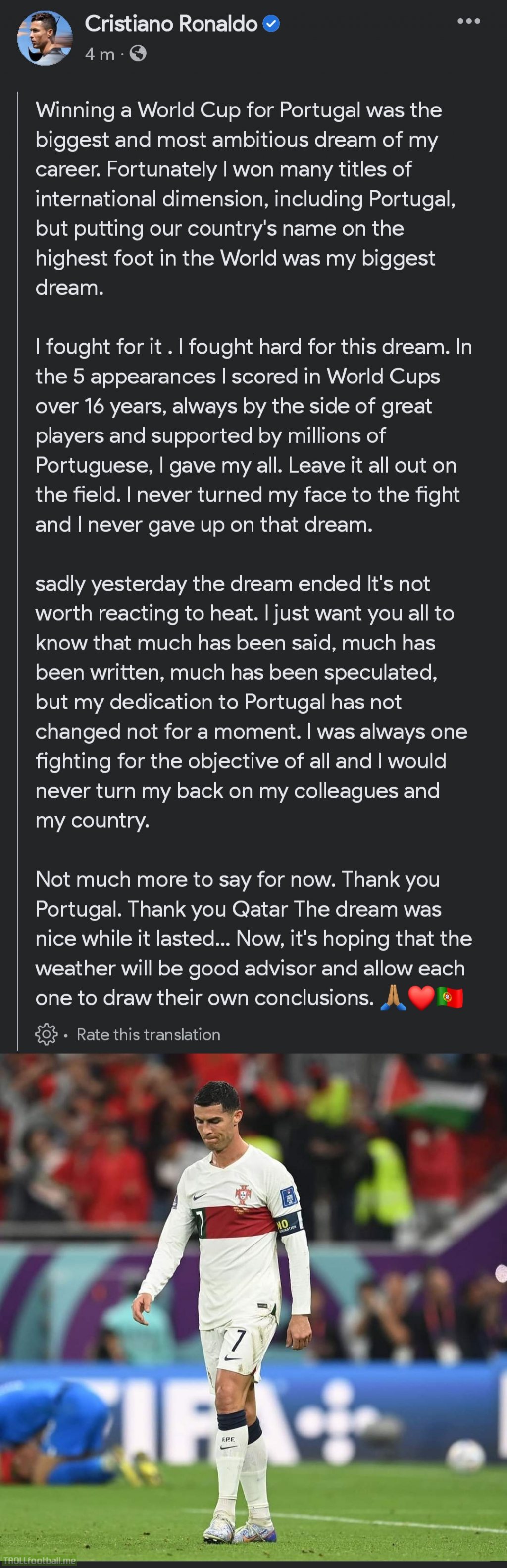 Cristiano Ronaldo on Facebook following World Cup exit