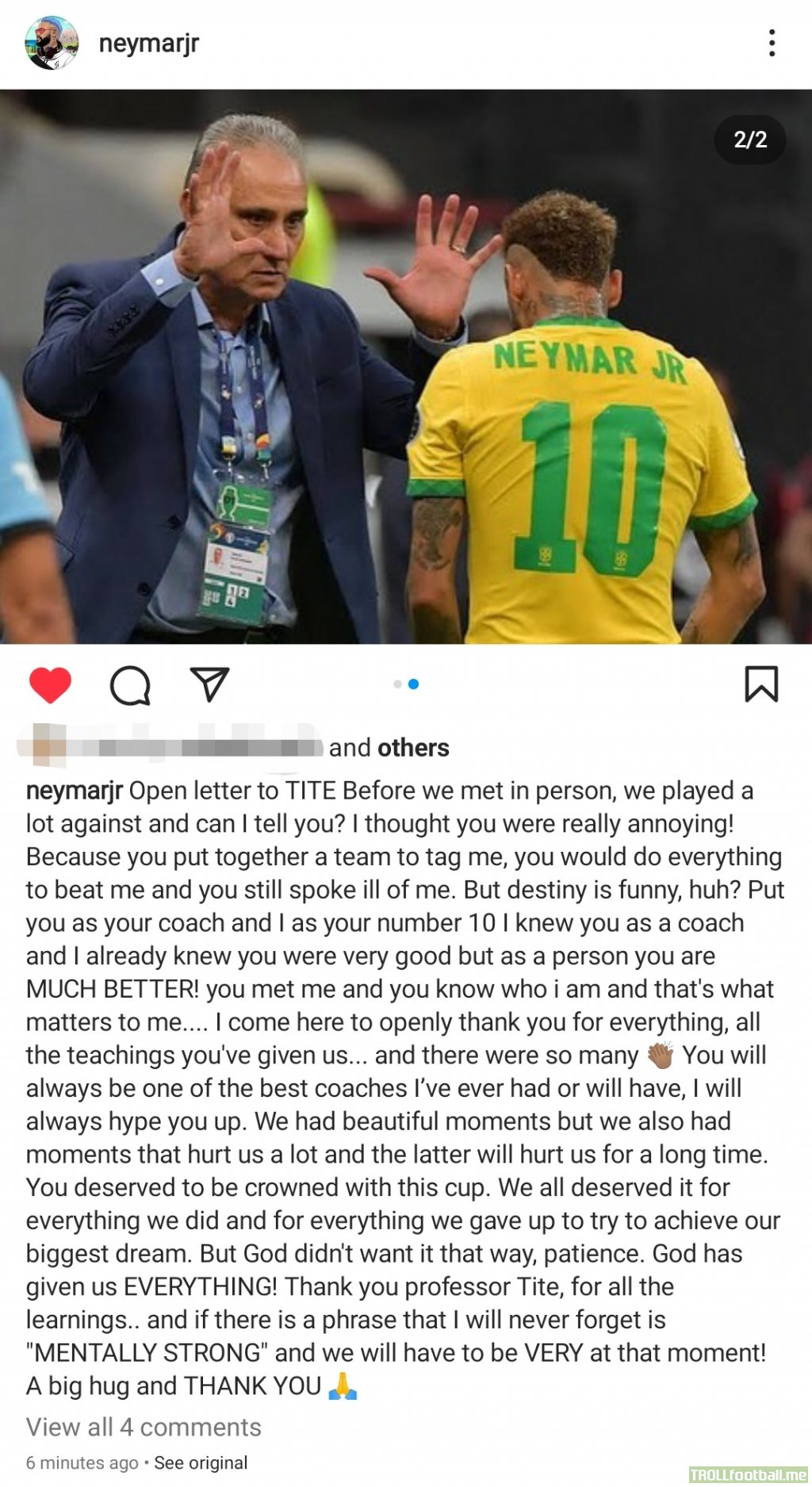 Neymar on Instagram - Open letter to Tite