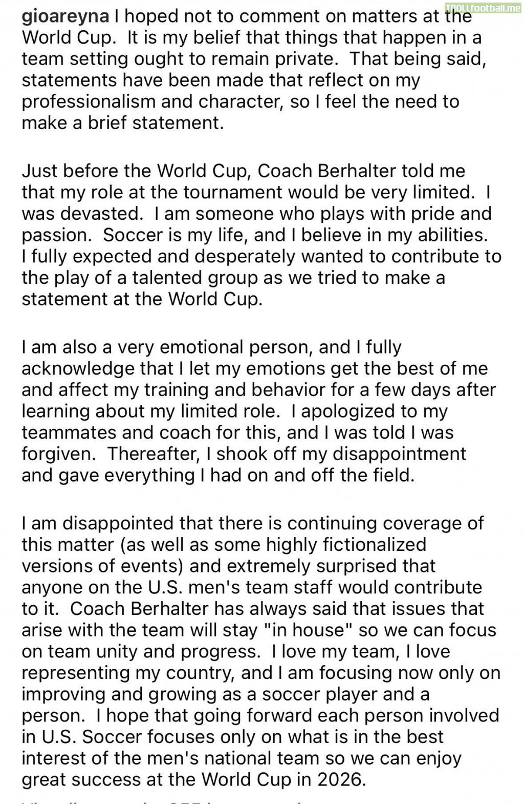 Gio Reyna admits his faults during the World Cup: “I fully acknowledge that I letemotions get the best of me, affect my training and behavior for a few days after learning about my limited role”. “I apologized to my teammates and coach for this, and I was told I was forgiven”.