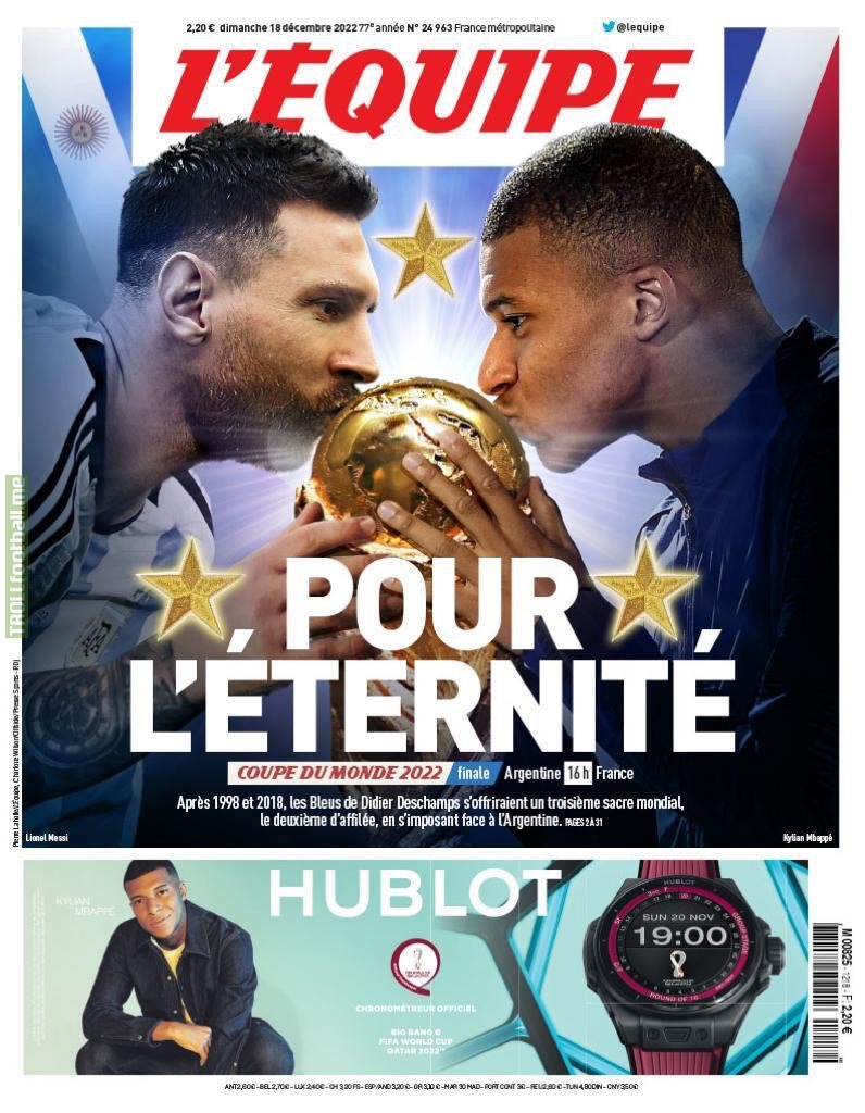 "For eternity", L'Équipe's front page ahead of the final