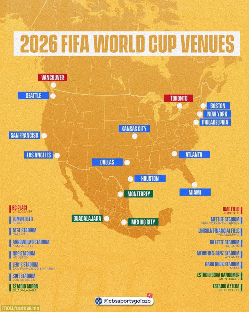 [CBS] Host venues spread across Canada, the U.S.A, and Mexico for the United 2026 World Cup