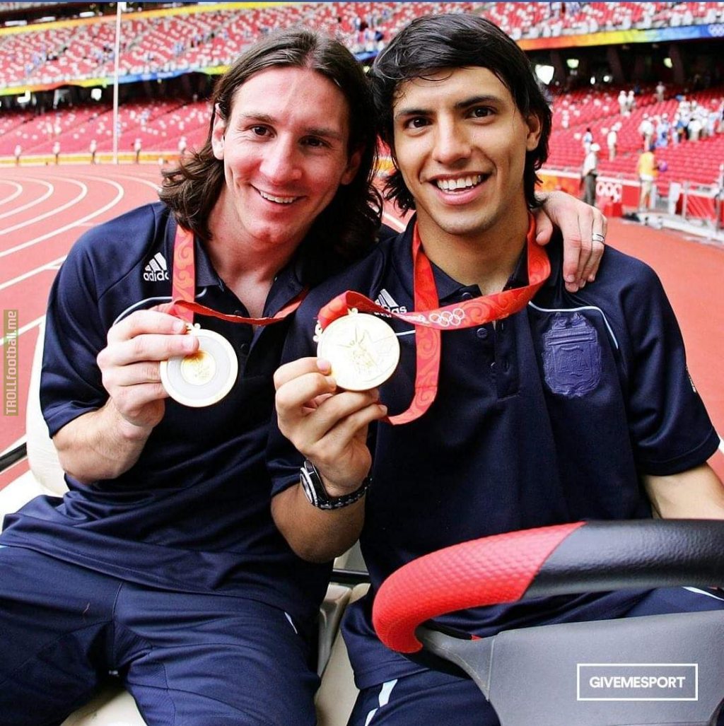 Lionel Messi and Sergio Aguero with their 2008 Beijing Olympic gold