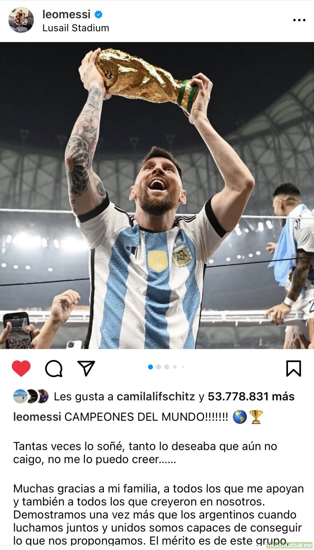 Messi's post after his World Cup victory became Instagram's most liked post by a sportsperson in history. 2M likes away from becoming the most liked post on Instagram.