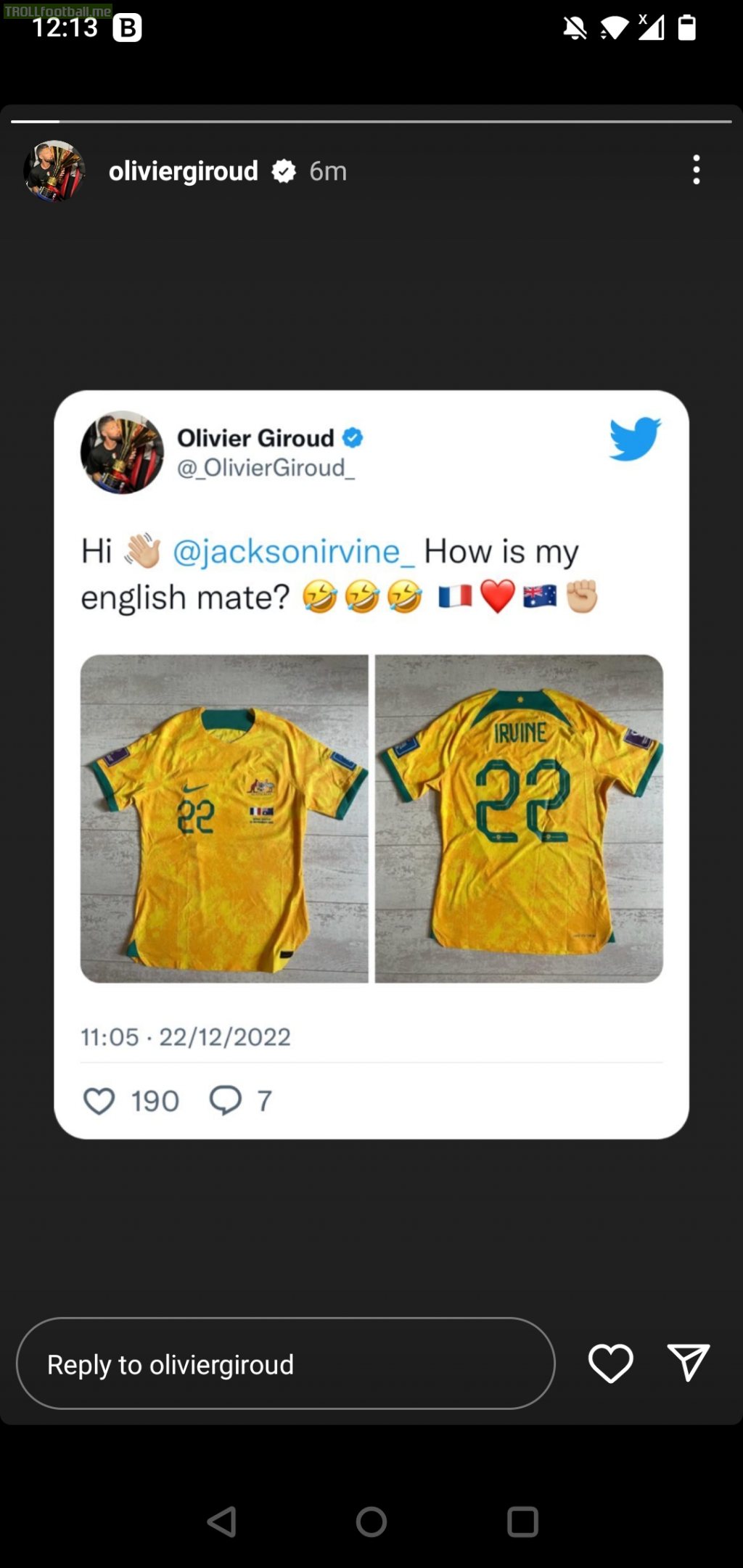 Giroud's response about the news of him ignoring an australian player