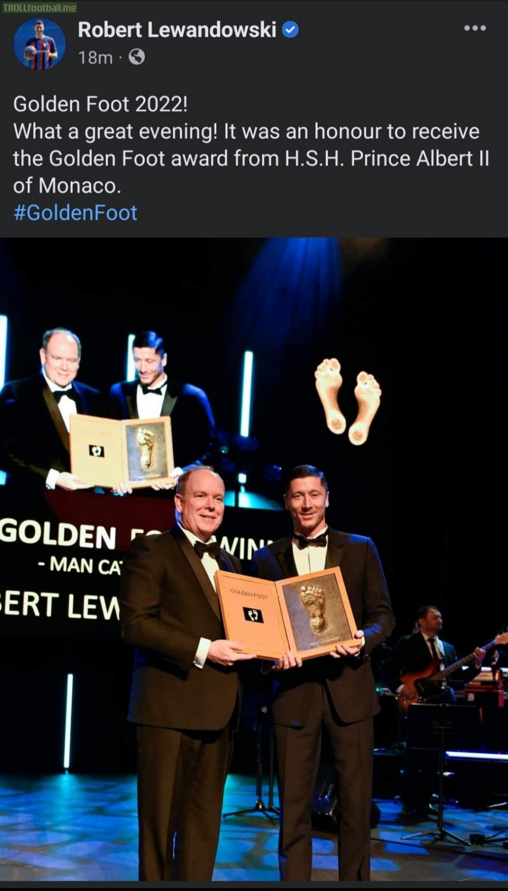 Lewandowski On Facebook after receiving golden foot award.