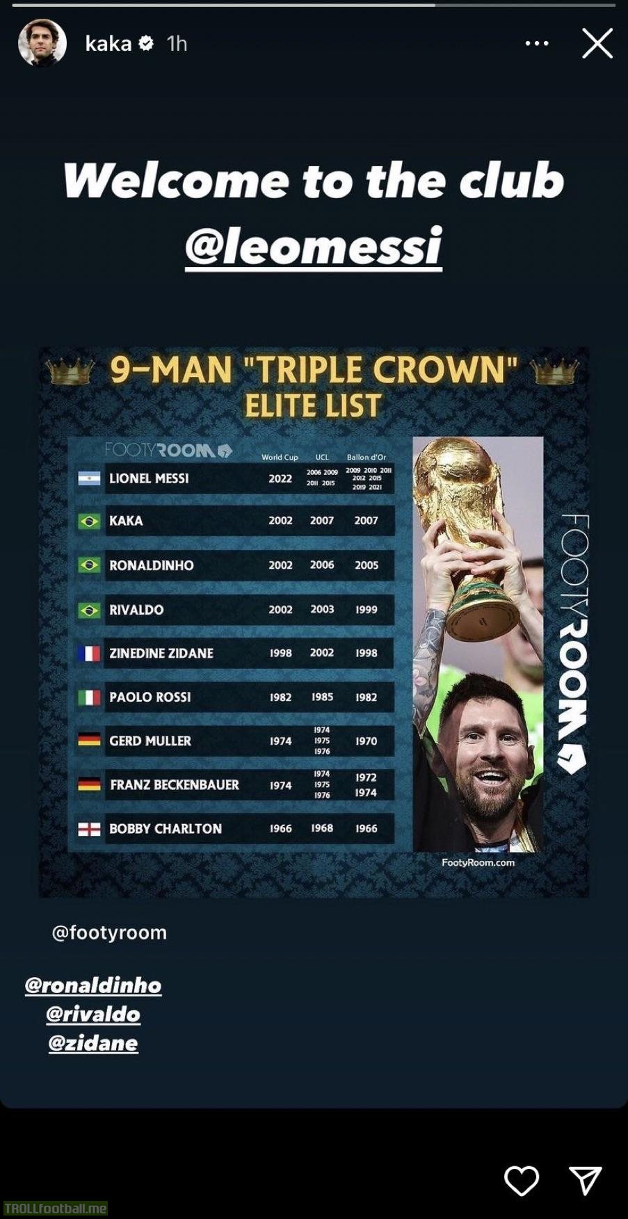 [Kaka on Instagram] - “Welcome to the club Messi” with a list of players who have won the World Cup, Champions League and Ballon d’Or.
