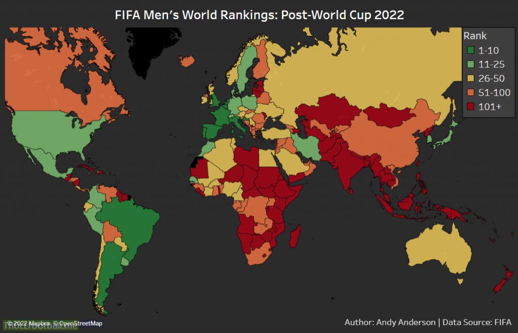 [OC] Map of FIFA Men's World Rankings