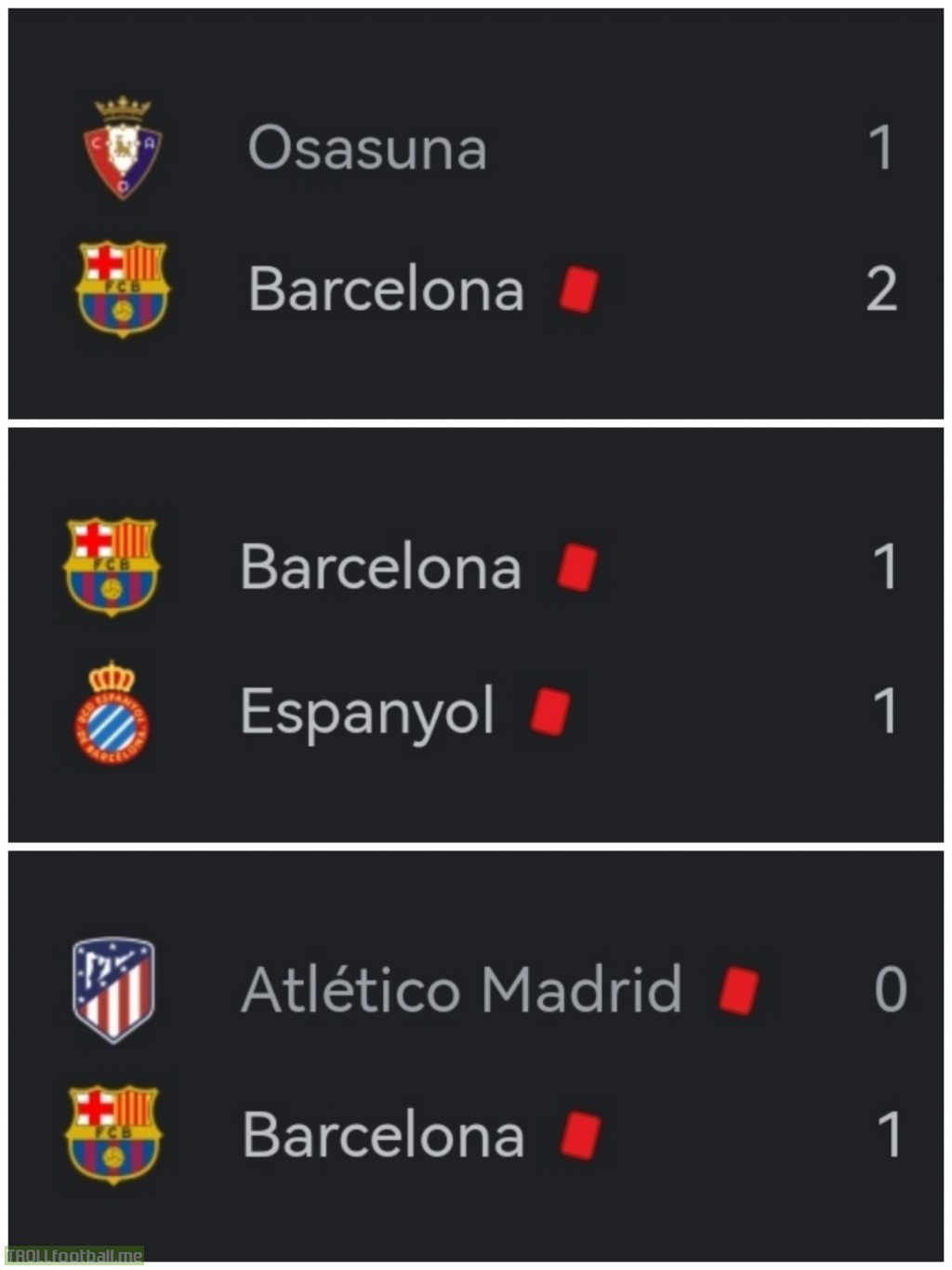 In Barcelona's last 3 La Liga matches, a total of 6 red cards were given. 4 to Barcelona and 2 to the opposition.