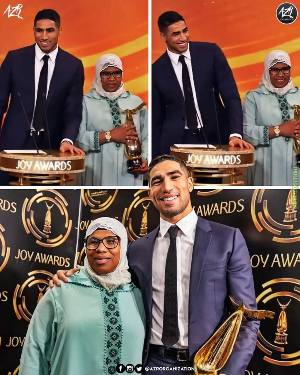 Achraf Hakimi won The Best Arab Sportsman of the Year award during the Joy Awards Ceremony in Riyadh, Hakimi accepted the trophy with his mother on the stage.
