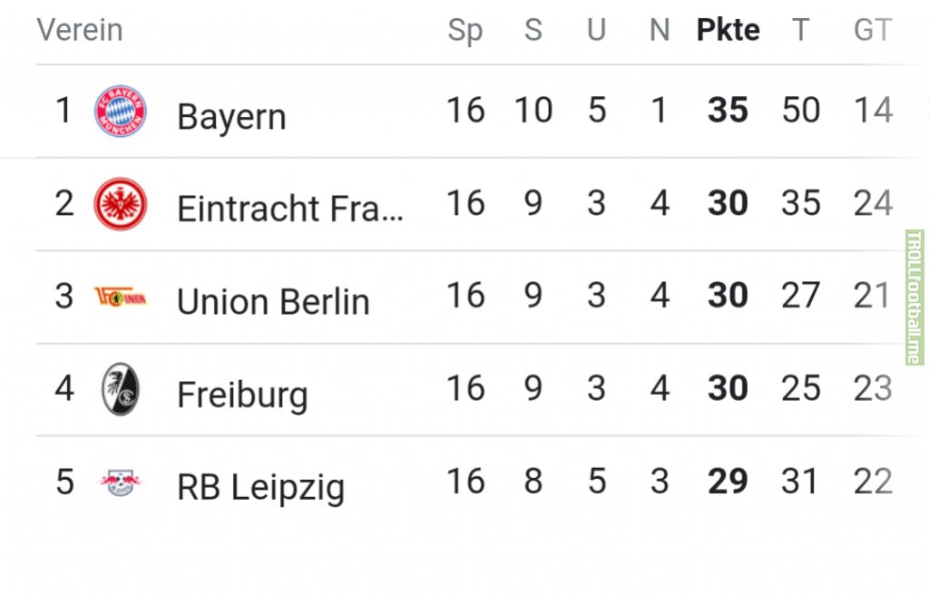 Top 5 of the Bundesliga after 16 games