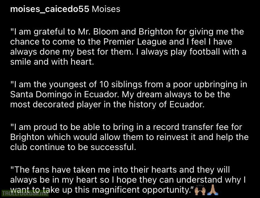 Moises Caicedo on instagram: “I am proud to be able to bring in a record transfer fee for Brighton which would allow them to reinvest it and help the club to continue to be successful”