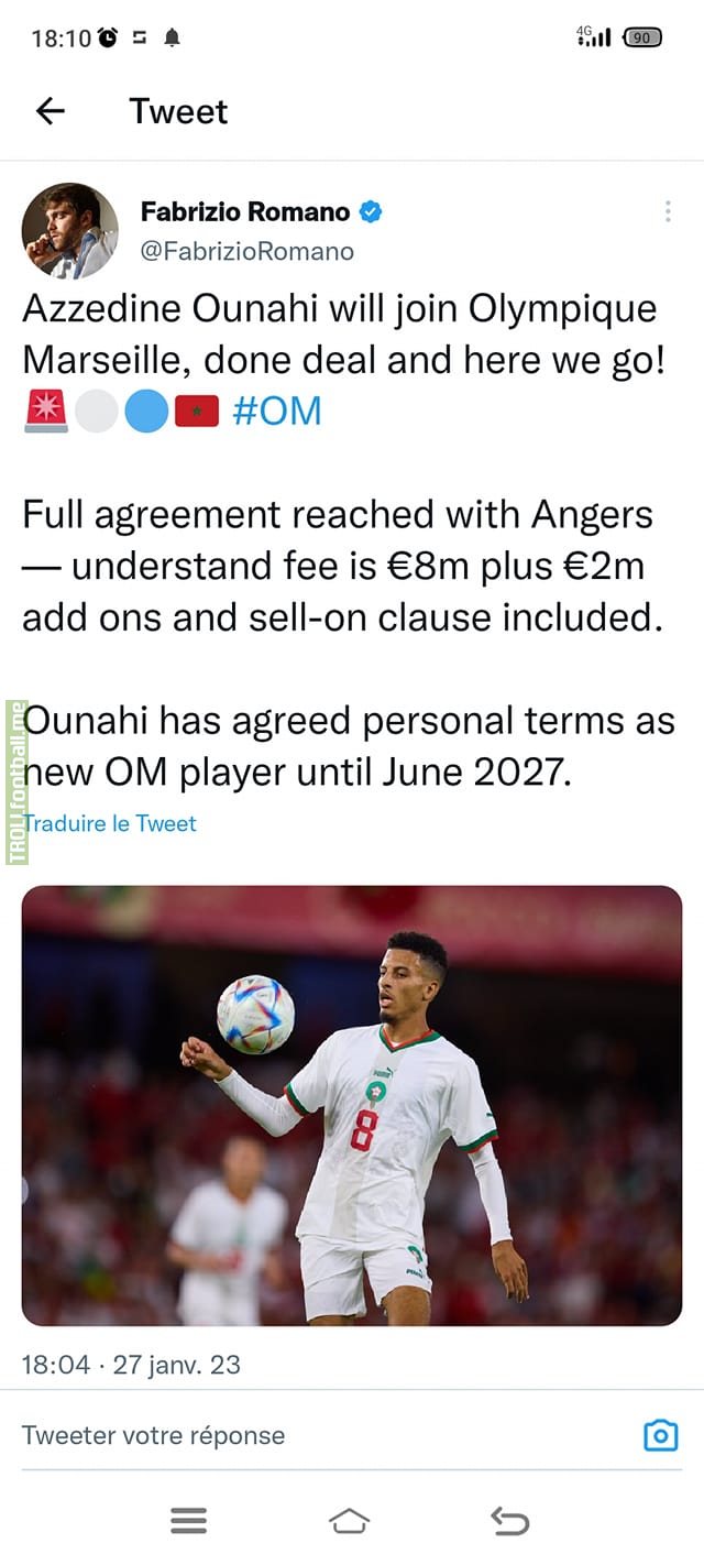 OM and Angers reached a final agreement, and Ounahi has agreed personal terms as new OM player until june 2027