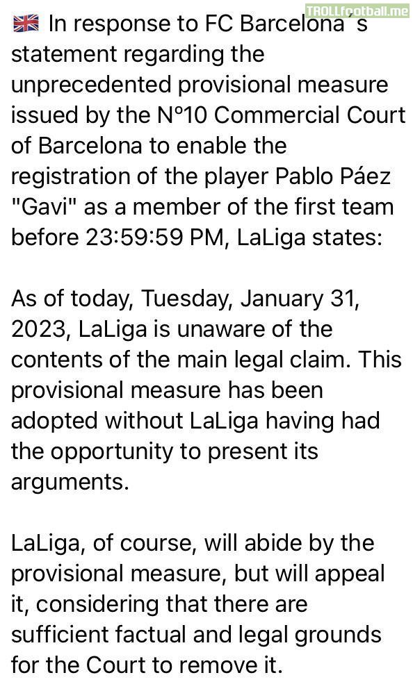 Statement by La Liga on Gavi's registration. Set to appeal the court's ruling today to register Gavi as a first team player.
