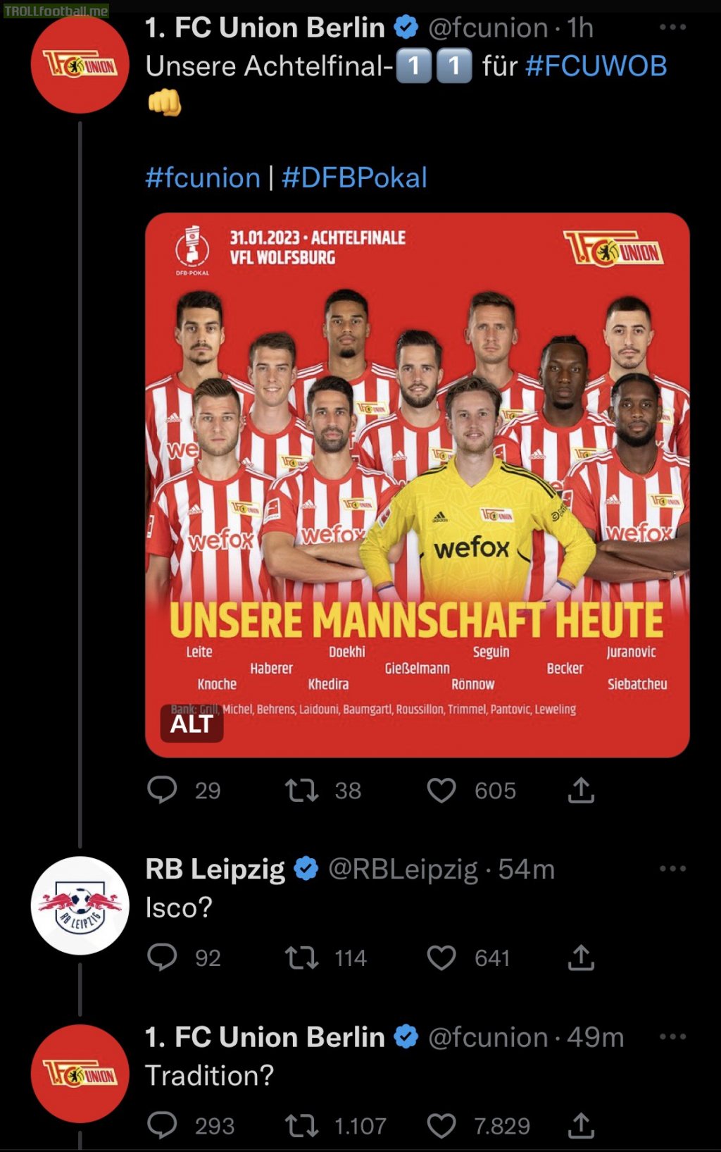 [Union Berlin]‘s reply to RB Leipzig taunting them for not signing Isco on Twitter