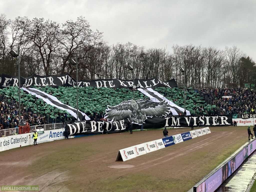 Tifo from the German 4th division Westschlager between Preussen Münster and Alemannia Aachen in front of 11000 supporters. Result: 4:0 for Preussen. Another step towards promotion.