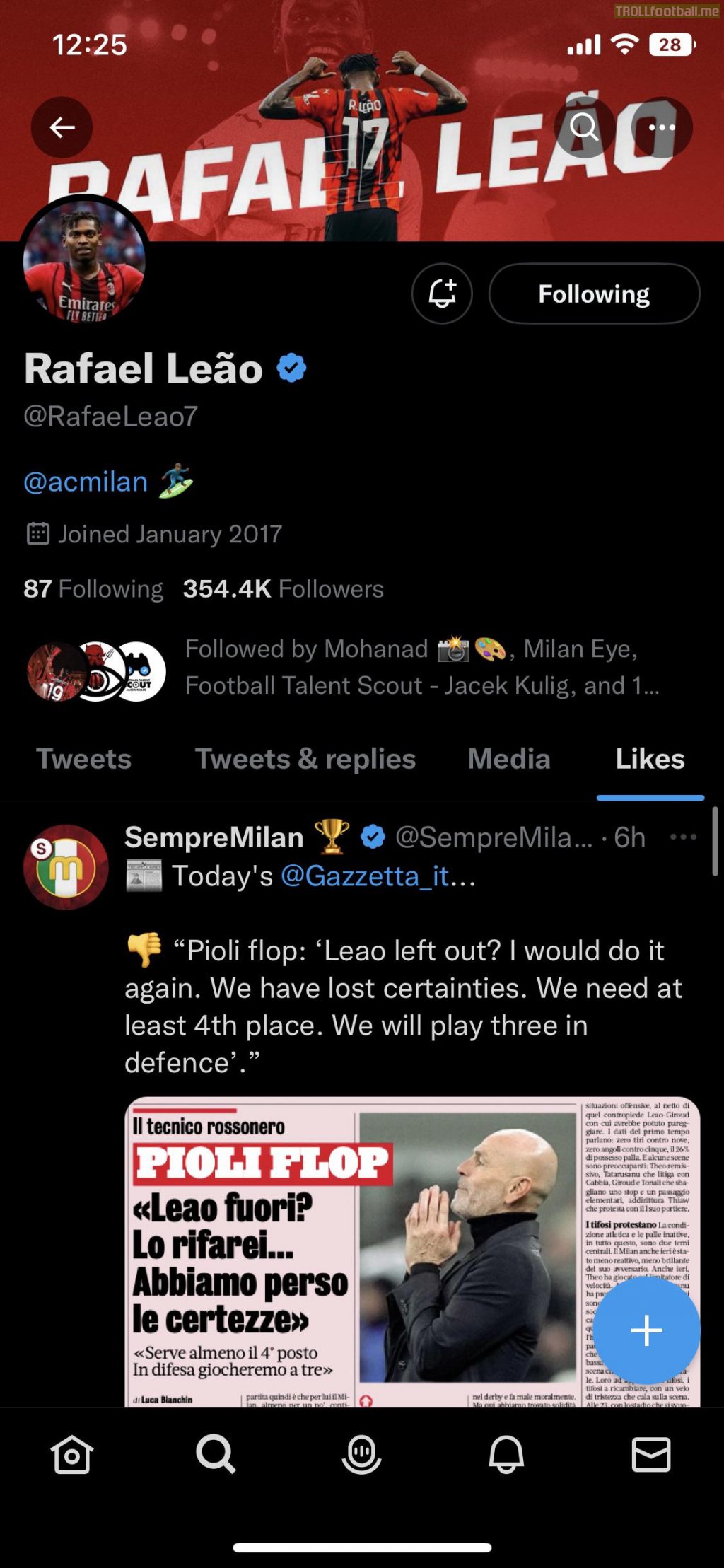Leao has liked an ironic tweet criticizing Milan coach Piolis decision to leave him on the bench in the derby against Inter