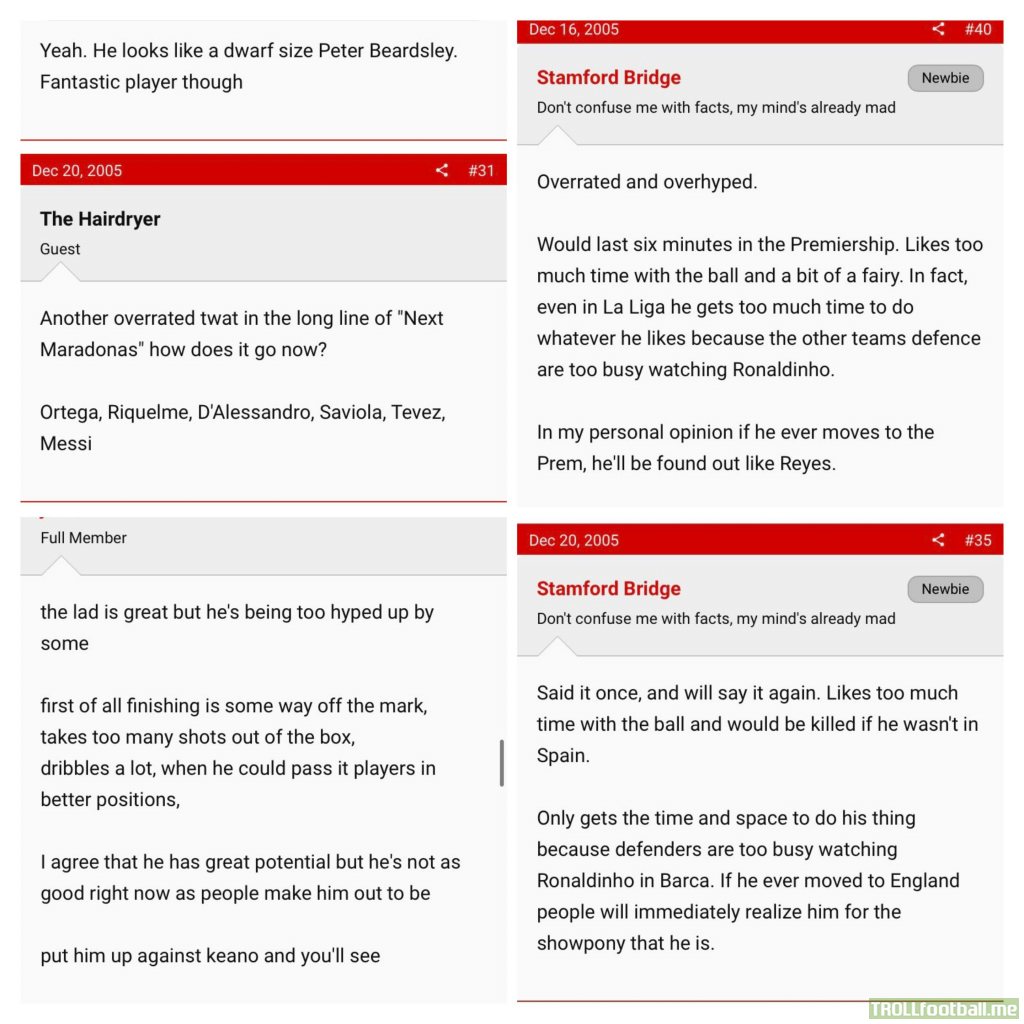 Comments about Lionel Messi in a footballing forum from 2005.