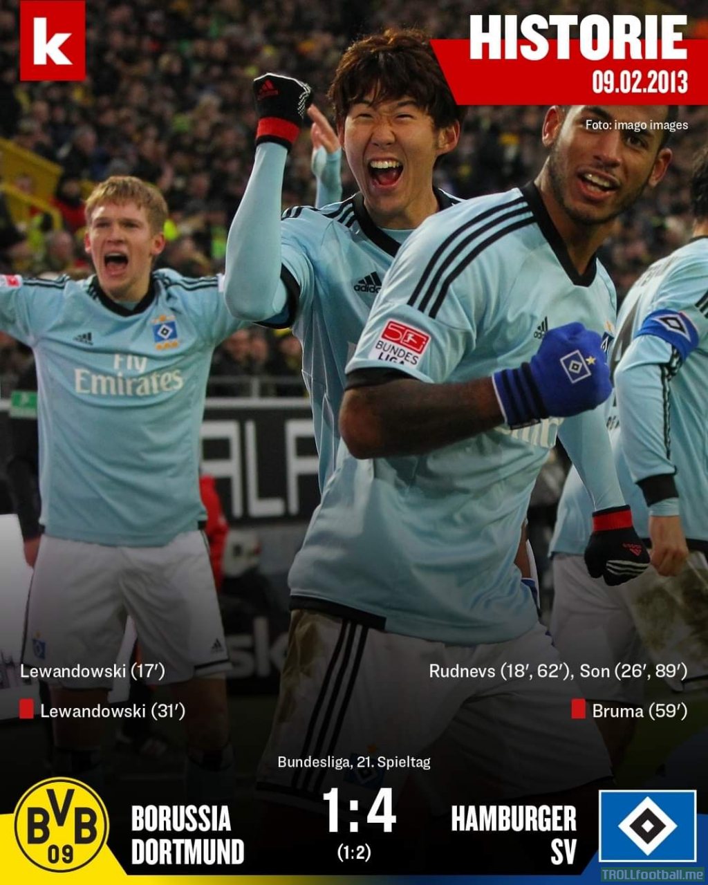 5 goals, 2 red cards, 1 away win. Ten years ago today Hamburger SV achieved a dramatic win against defending German champions Borussia Dortmund on matchday 21 of the 2012/13 season. Lewandowski and Son Heung-min were among the goalscorers (Video Highlights in the comments.)