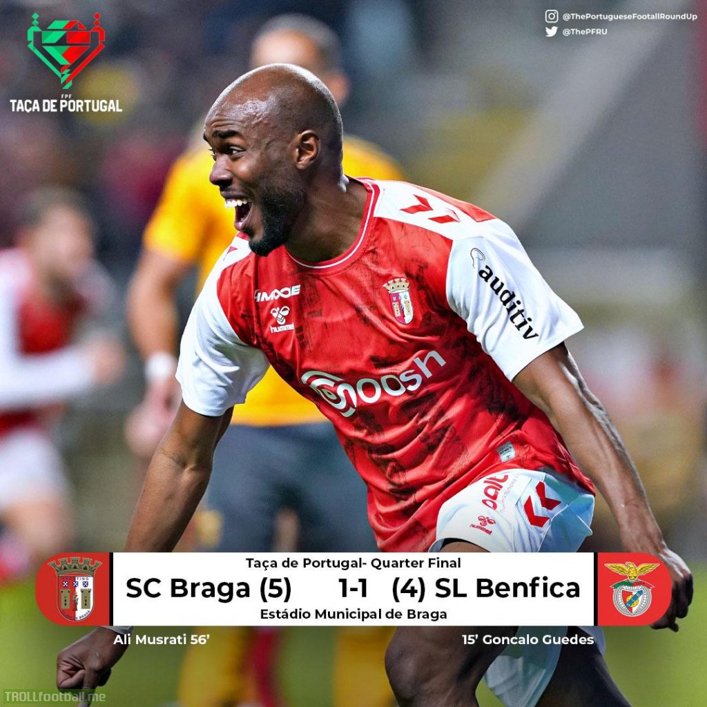 Taça de Portugal Quarter Final Result. SC Braga knock out league leaders SL Benfica.