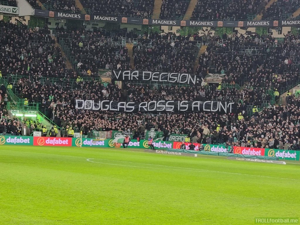 Celtic fans message for a Tory MP who was running the line at the game last night